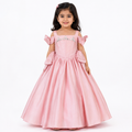 Pink satin floor-length ball gown for girls with cold-shoulder bow straps and embellished bodice — Fairy Frills handcrafted princess dress
