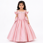 Pink satin floor-length ball gown for girls with cold-shoulder bow straps and embellished bodice — Fairy Frills handcrafted princess dress
