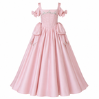 Pink satin floor-length ball gown for girls with cold-shoulder bow straps and embellished bodice — Fairy Frills handcrafted princess dress