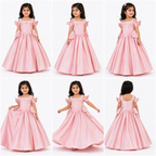Collage of a young girl wearing a pink formal gown.