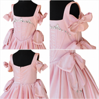 Collage of a pink dress with large bows and decorative elements.