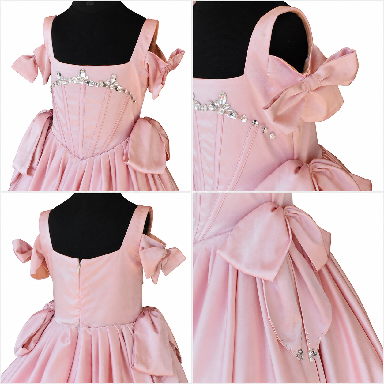 Collage of a pink dress with large bows and decorative elements.