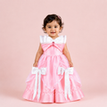Pink floor-length gown for girls with white satin bow accents and layered organza skirt — Fairy Frills handcrafted princess dress