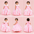 Pink floor-length gown for girls with white satin bow accents and layered organza skirt — Fairy Frills handcrafted princess dress