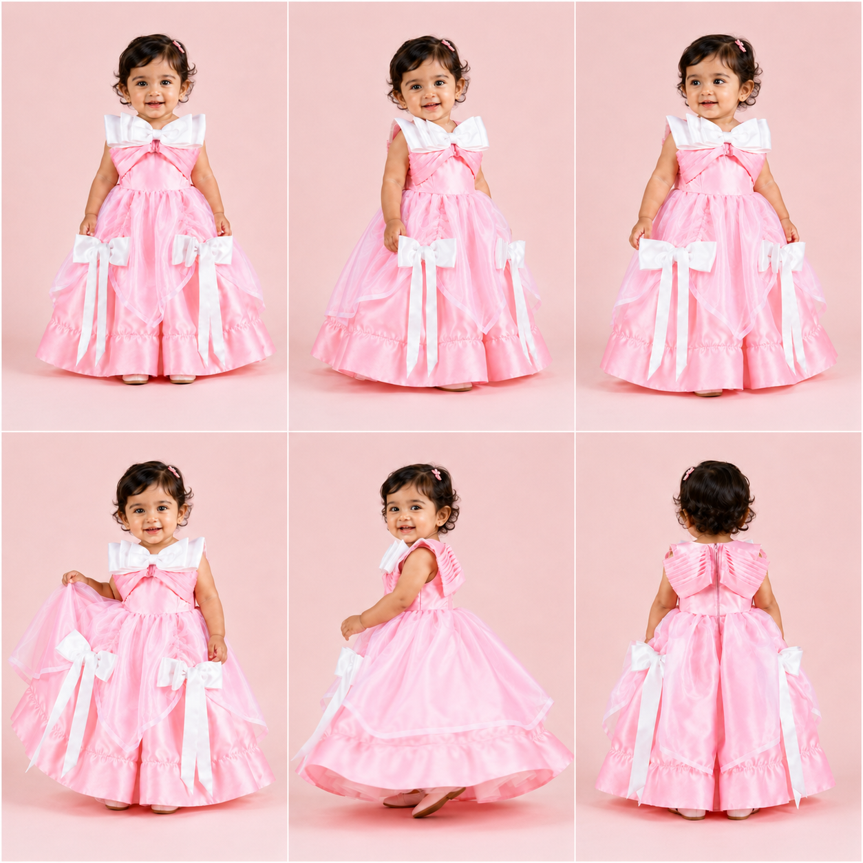 Pink floor-length gown for girls with white satin bow accents and layered organza skirt — Fairy Frills handcrafted princess dress
