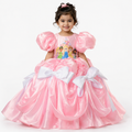 Pink satin princess ball gown for girls with puff sleeves, character print bodice and white bow accents — Fairy Frills handcrafted dress