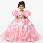 Pink satin princess ball gown for girls with puff sleeves, character print bodice and white bow accents — Fairy Frills handcrafted dress