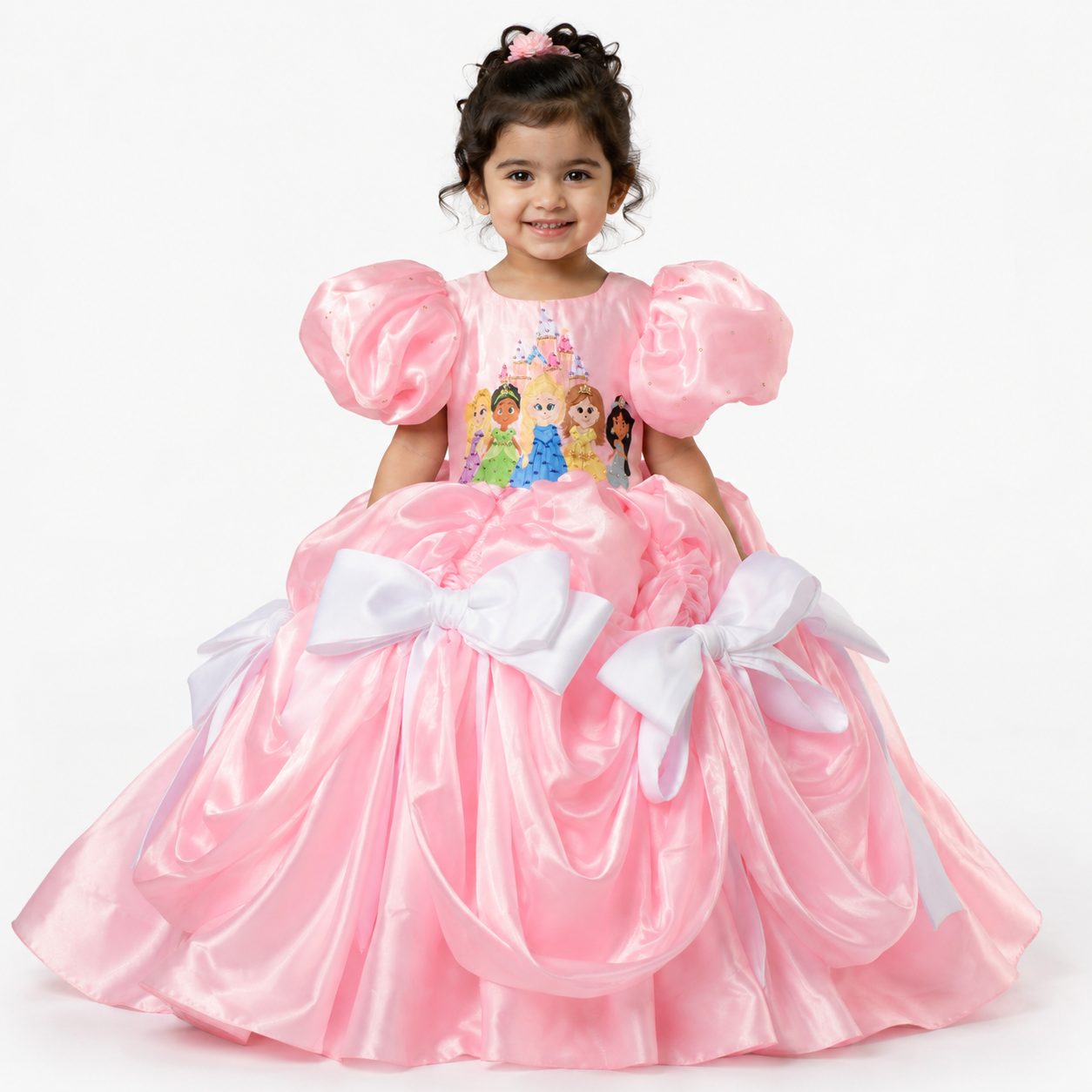Pink satin princess ball gown for girls with puff sleeves, character print bodice and white bow accents — Fairy Frills handcrafted dress