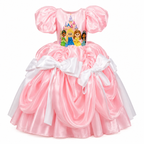 Pink satin princess ball gown for girls with puff sleeves, character print bodice and white bow accents — Fairy Frills handcrafted dress