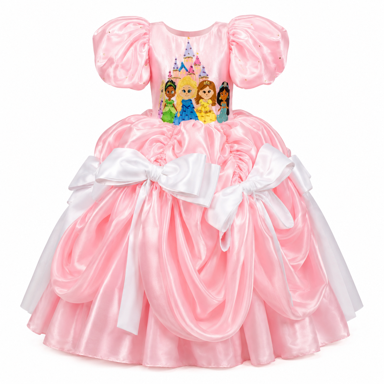 Pink satin princess ball gown for girls with puff sleeves, character print bodice and white bow accents — Fairy Frills handcrafted dress