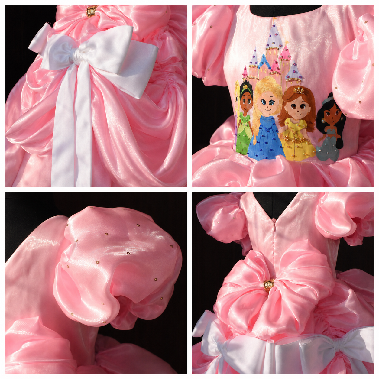 Pink satin princess ball gown for girls with puff sleeves, character print bodice and white bow accents — Fairy Frills handcrafted dress