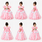 Pink satin princess ball gown for girls with puff sleeves, character print bodice and white bow accents — Fairy Frills handcrafted dress