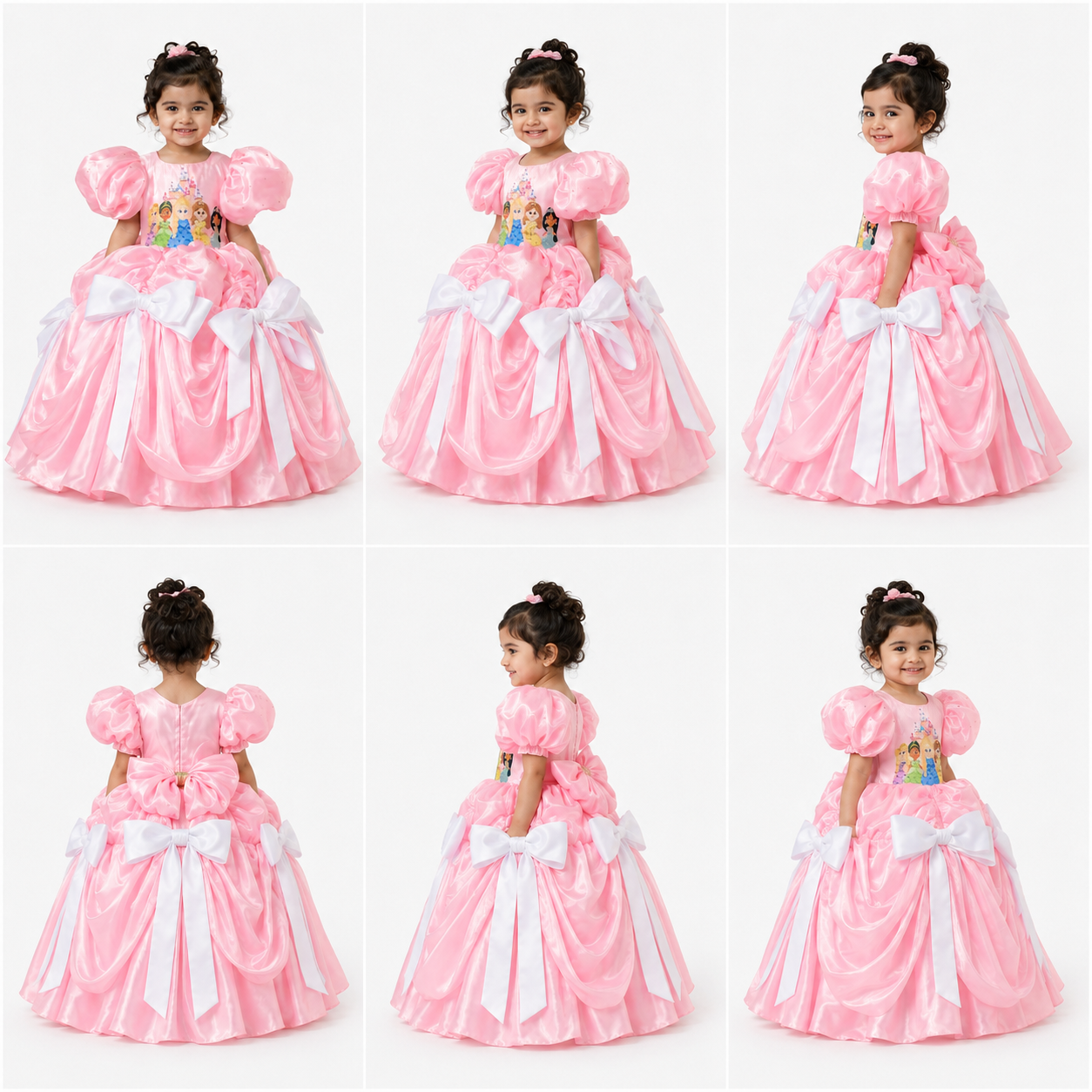 Pink satin princess ball gown for girls with puff sleeves, character print bodice and white bow accents — Fairy Frills handcrafted dress