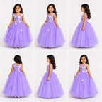 Collage of a young girl wearing a purple dress with floral details.