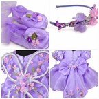 Collage of purple children's shoes, headband, and dress with floral embellishments.