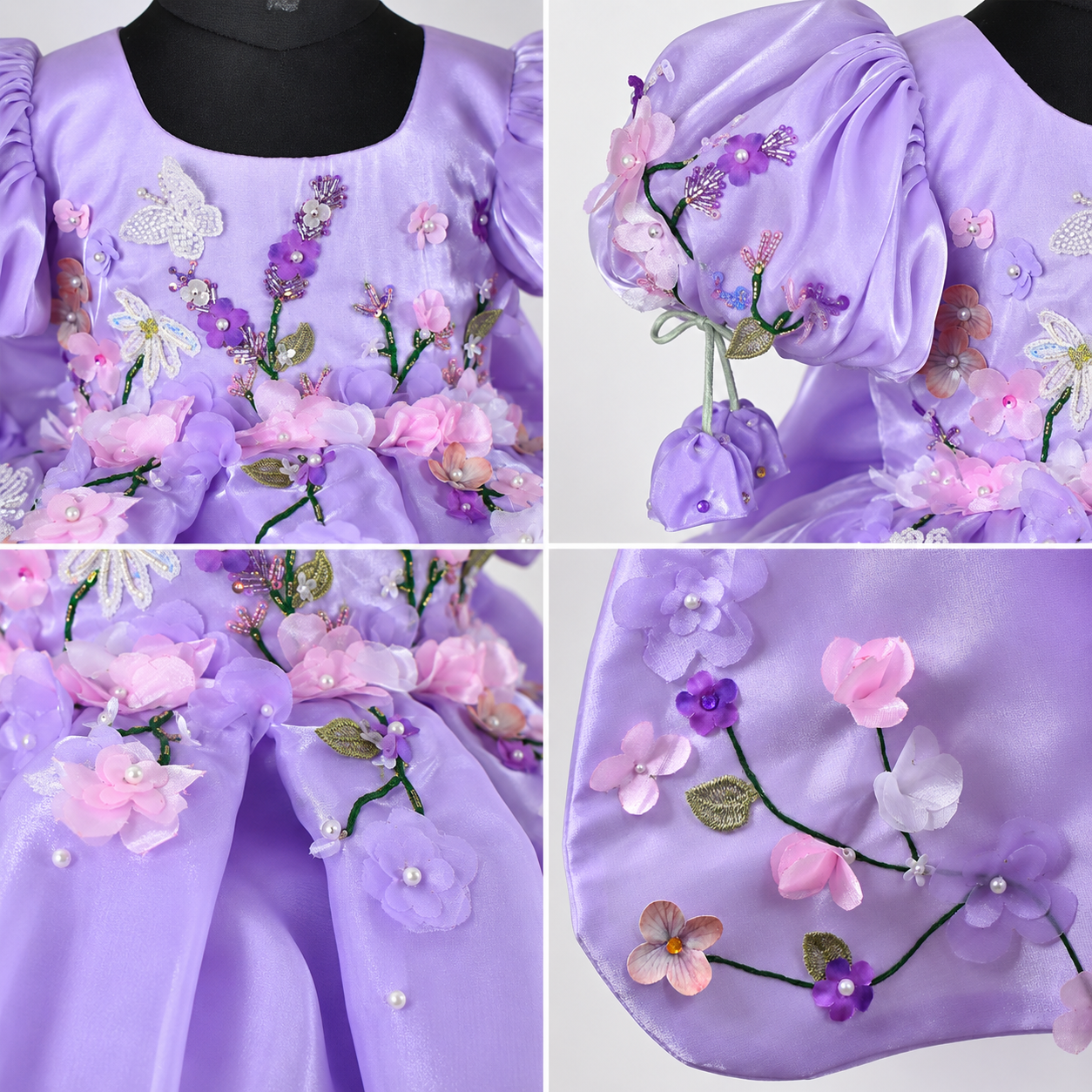 Purple dress with floral embroidery.