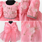 Collage of a pink dress with floral and bow details.