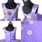 Collage of a purple dress with floral and butterfly embellishments on a mannequin.