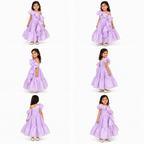 Collage of a girl wearing a purple dress.