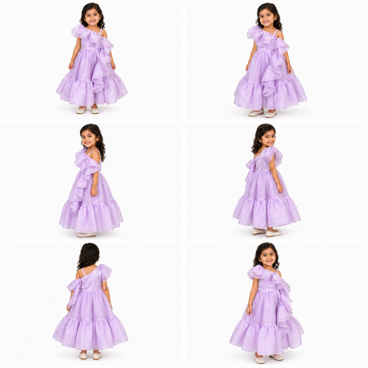 Collage of a girl wearing a purple dress.