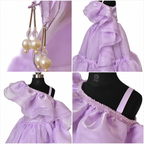Collage of a lavender dress with ruffled details and decorative elements.