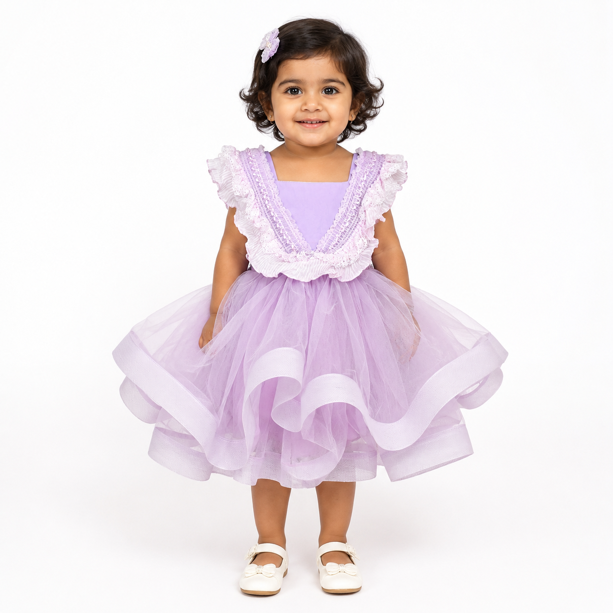 Lavender party dress for girls with lace ruffle bodice and layered tulle skirt — Fairy Frills handcrafted princess dress