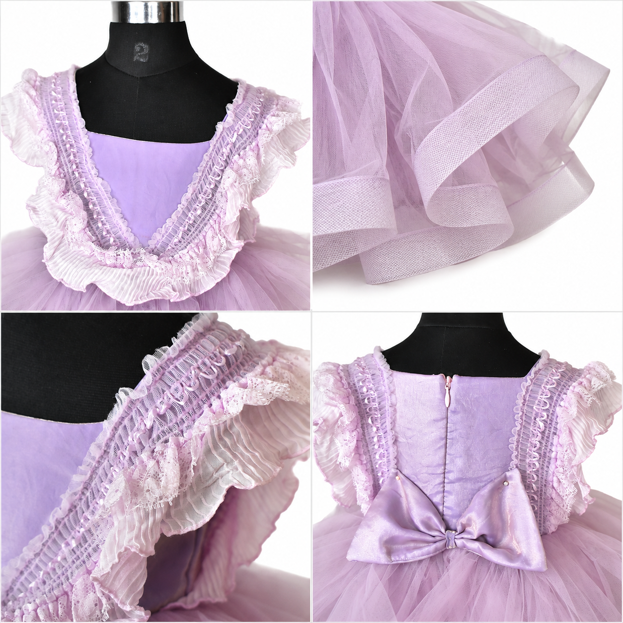 Collage of a lavender dress with ruffles and lace details on a mannequin.