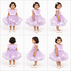 Collage of a young girl wearing a purple dress from multiple angles.