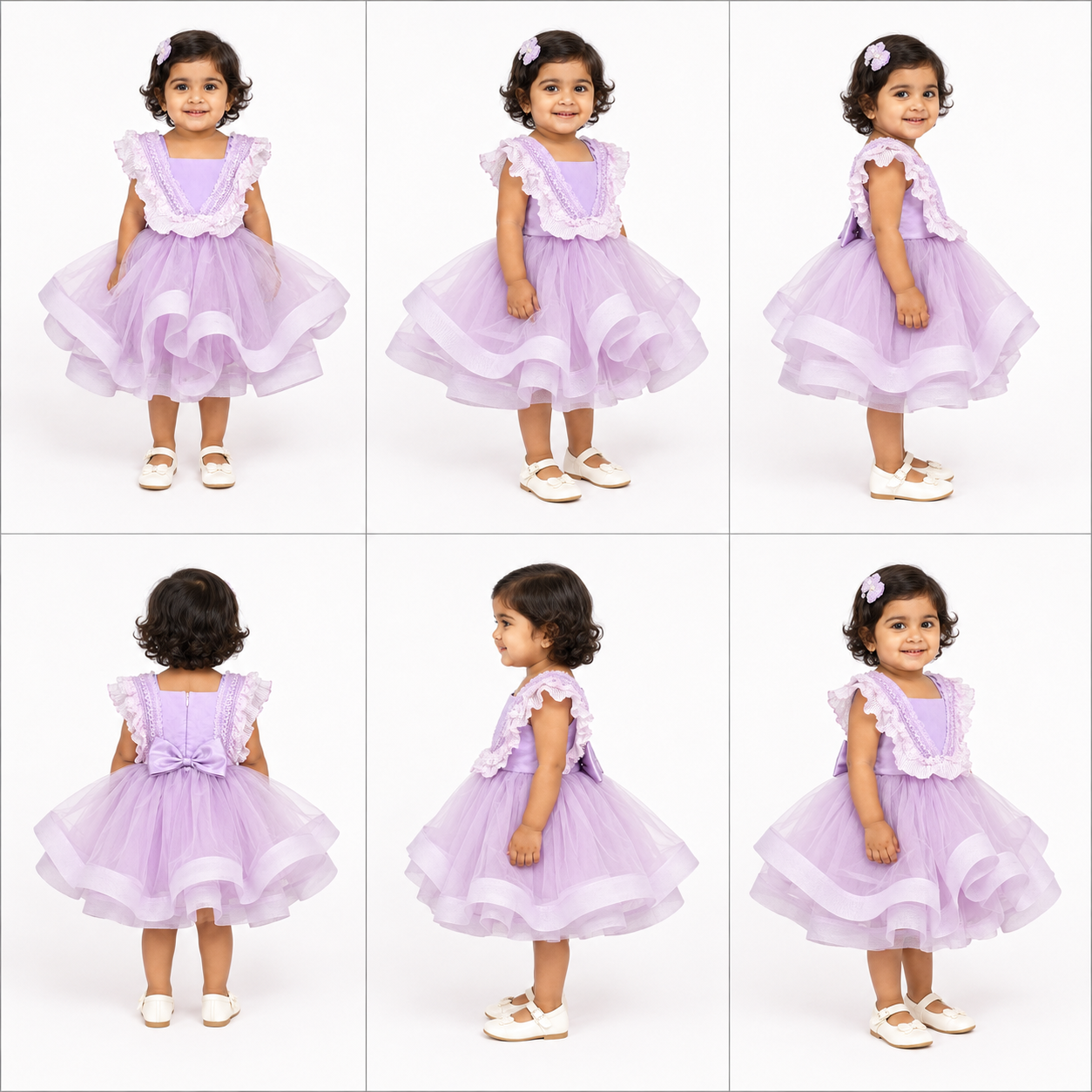 Collage of a young girl wearing a purple dress from multiple angles.