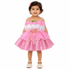 Pink party dress for girls with rosette-trimmed bodice, tie waist and layered flared skirt — Fairy Frills handcrafted princess dress