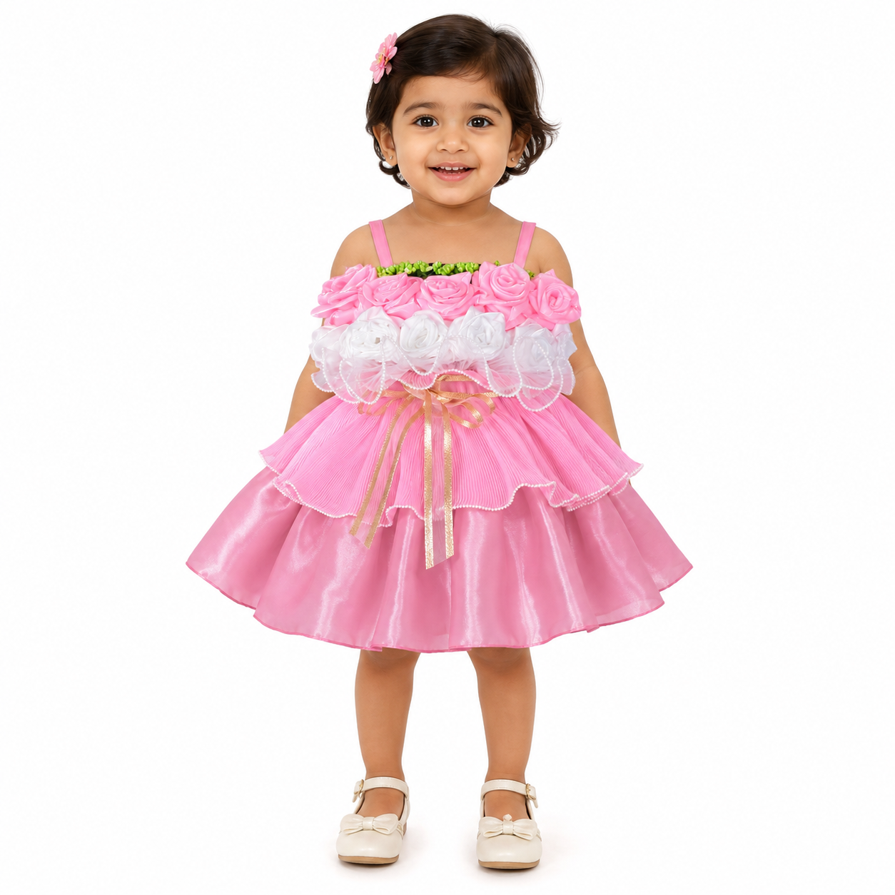 Pink party dress for girls with rosette-trimmed bodice, tie waist and layered flared skirt — Fairy Frills handcrafted princess dress