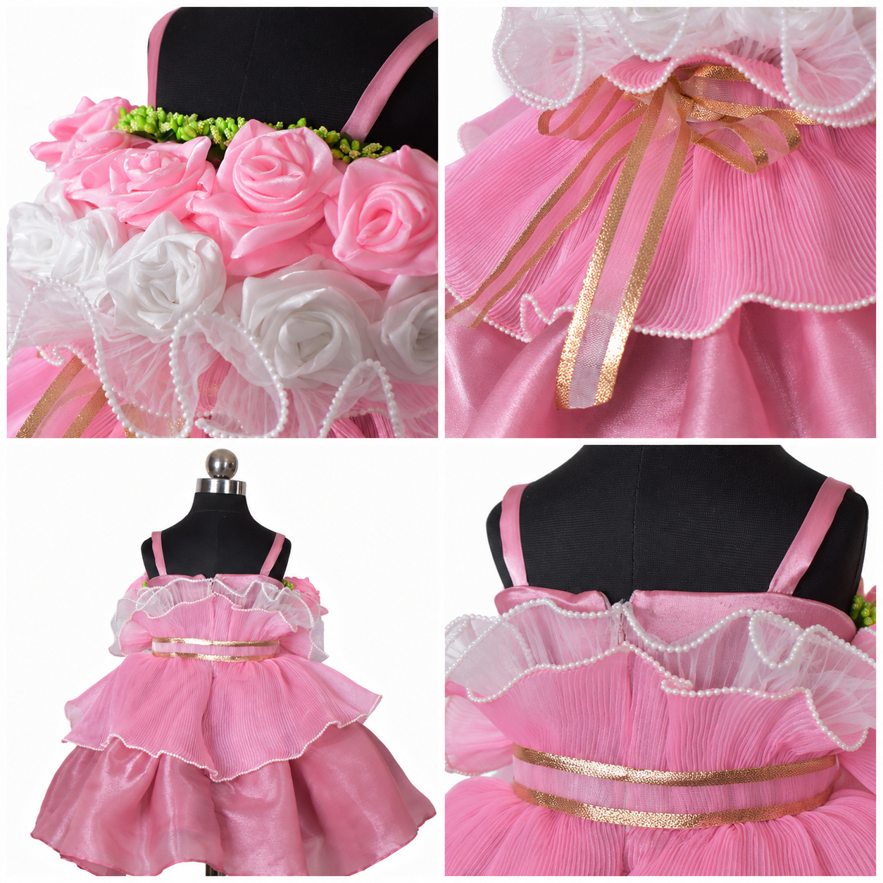 Collage of a pink dress with floral details on a mannequin.