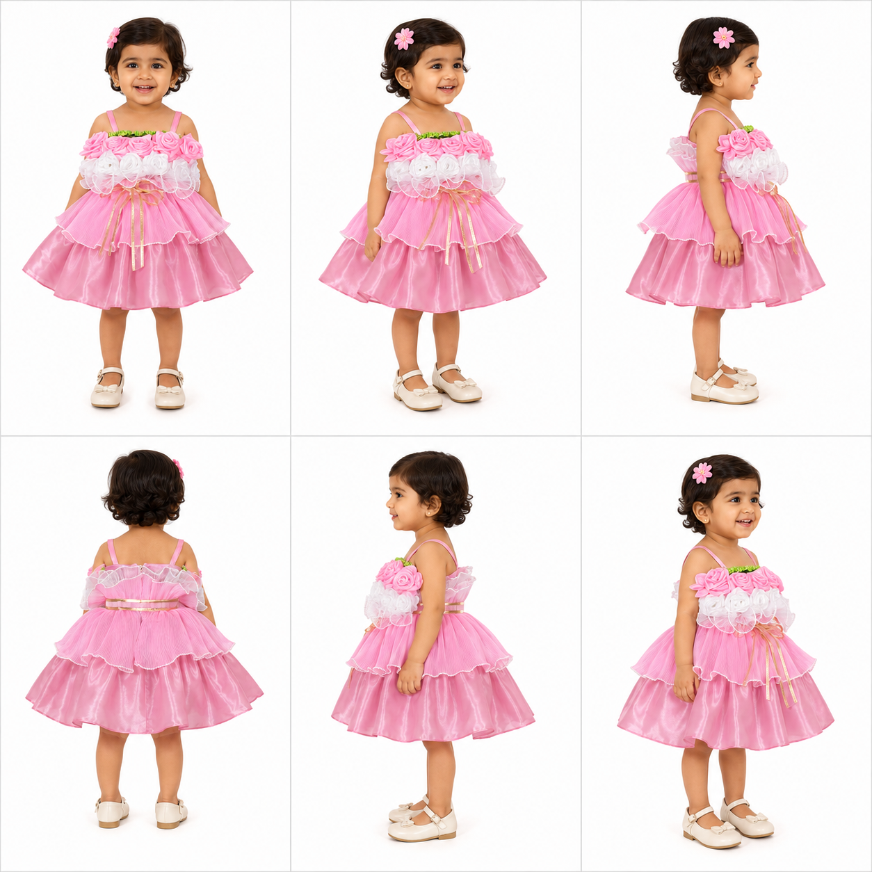 Collage of a young girl wearing a pink dress with floral details from multiple angles.
