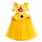 Yellow party dress for girls with sunflower applique, bow straps and tulle skirt — Fairy Frills handcrafted princess dress