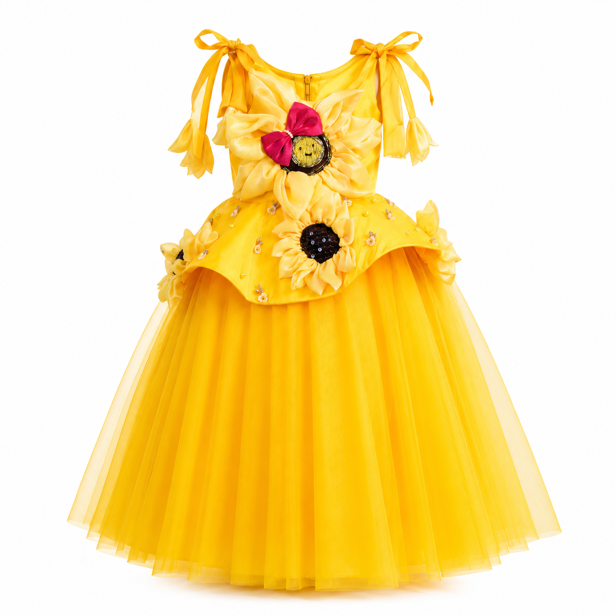 Yellow party dress for girls with sunflower applique, bow straps and tulle skirt — Fairy Frills handcrafted princess dress