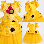 Yellow party dress for girls with sunflower applique, bow straps and tulle skirt — Fairy Frills handcrafted princess dress