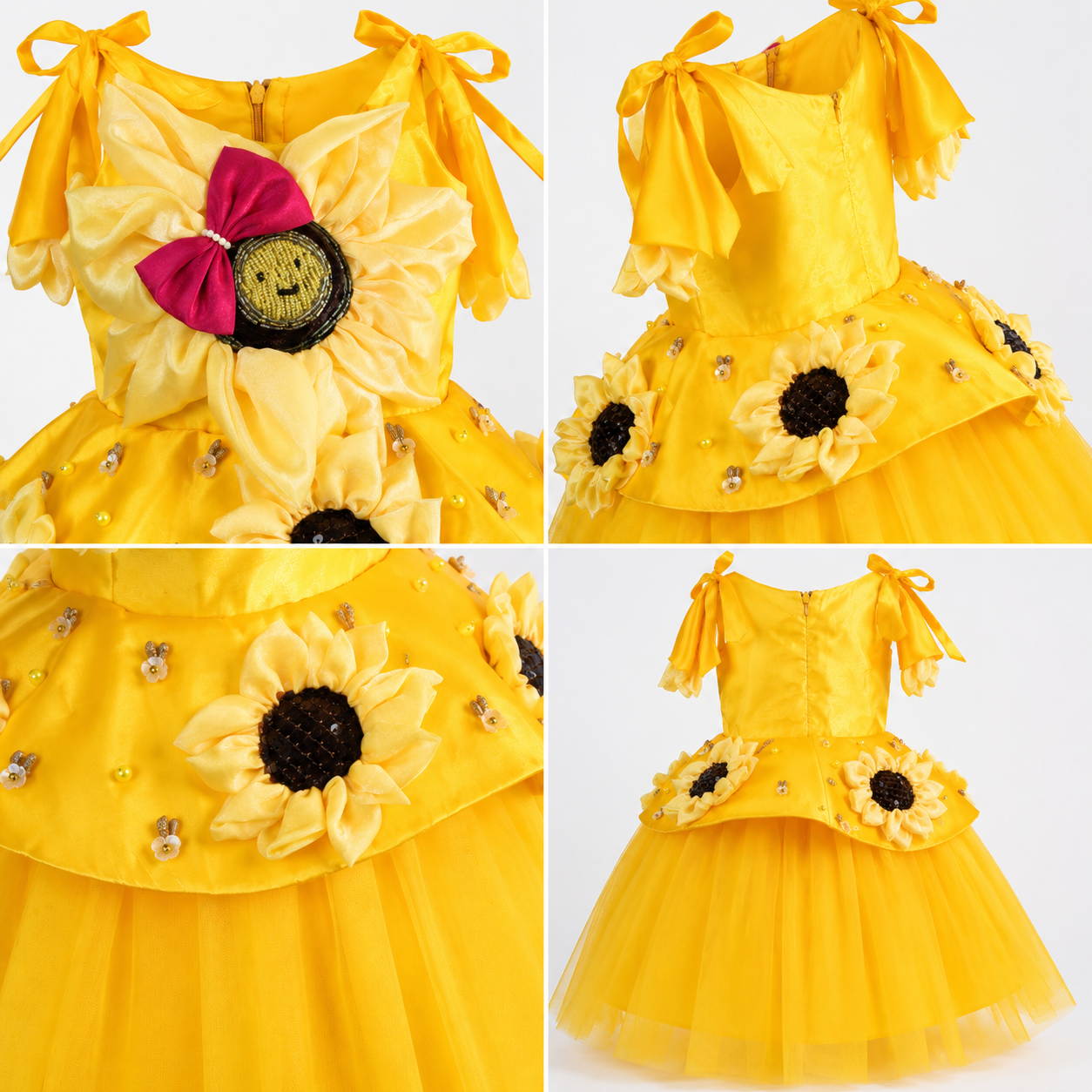 Yellow party dress for girls with sunflower applique, bow straps and tulle skirt — Fairy Frills handcrafted princess dress