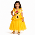 Yellow party dress for girls with sunflower applique, bow straps and tulle skirt — Fairy Frills handcrafted princess dress