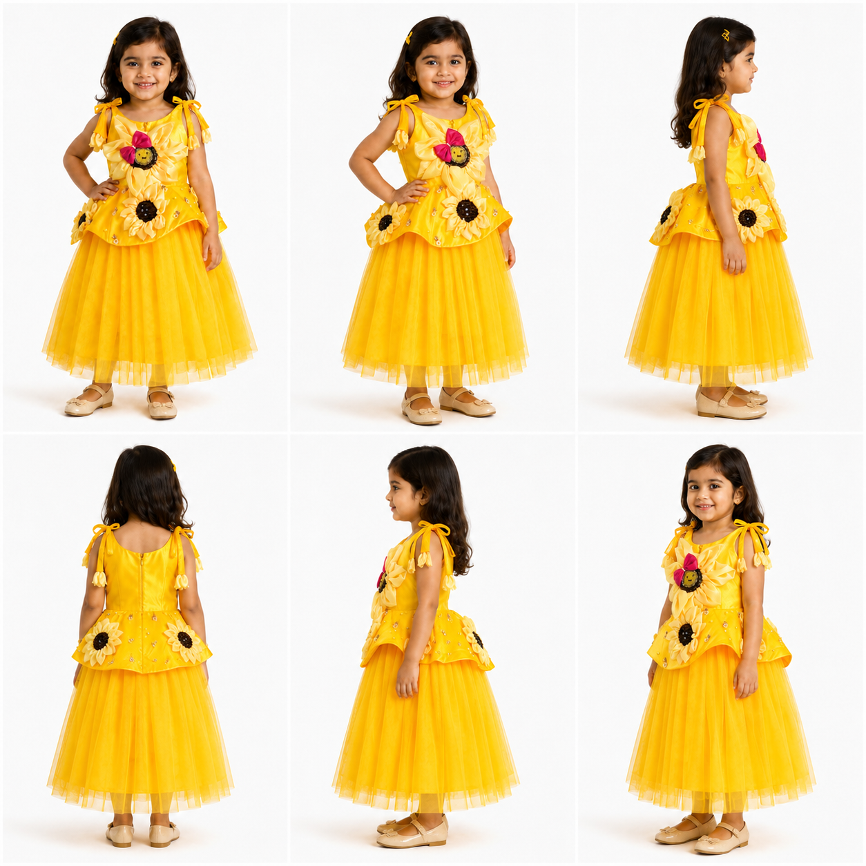Yellow party dress for girls with sunflower applique, bow straps and tulle skirt — Fairy Frills handcrafted princess dress