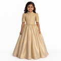 Gold satin floor-length ball gown for girls with pearl-embellished high-neck bodice — Fairy Frills handcrafted princess dress