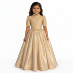 Gold satin floor-length ball gown for girls with pearl-embellished high-neck bodice — Fairy Frills handcrafted princess dress