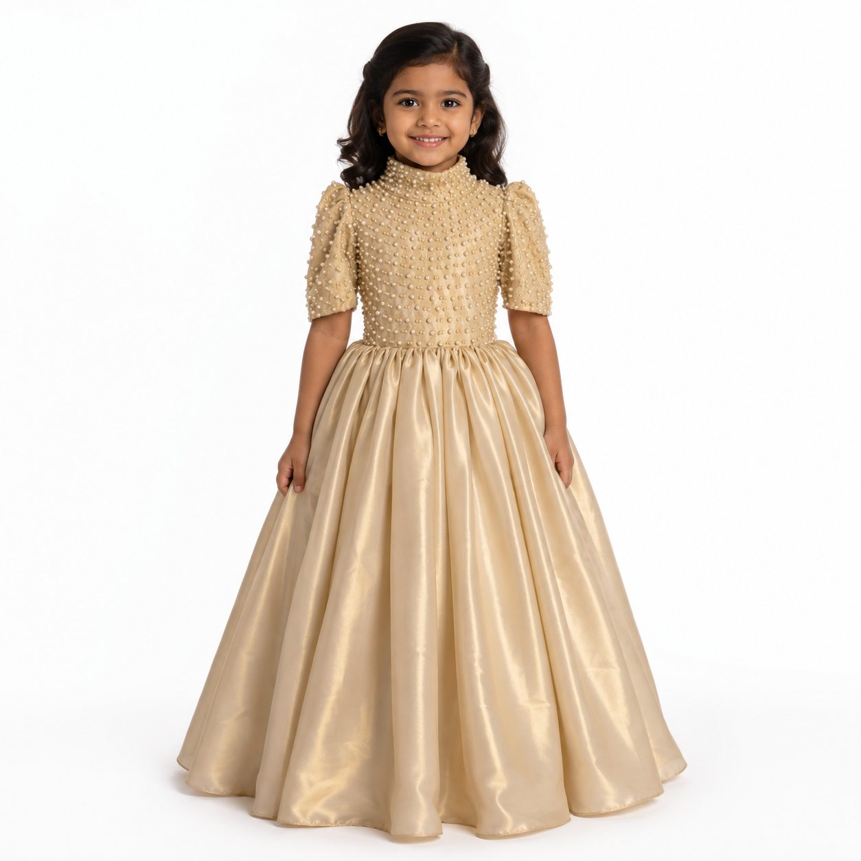 Gold satin floor-length ball gown for girls with pearl-embellished high-neck bodice — Fairy Frills handcrafted princess dress
