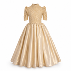 Gold satin floor-length ball gown for girls with pearl-embellished high-neck bodice — Fairy Frills handcrafted princess dress