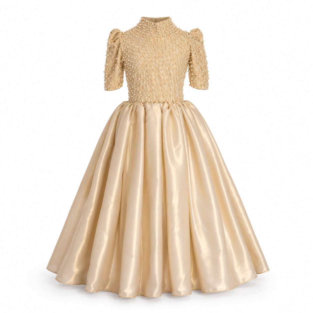 Gold satin floor-length ball gown for girls with pearl-embellished high-neck bodice — Fairy Frills handcrafted princess dress