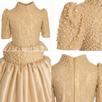 Gold satin floor-length ball gown for girls with pearl-embellished high-neck bodice — Fairy Frills handcrafted princess dress