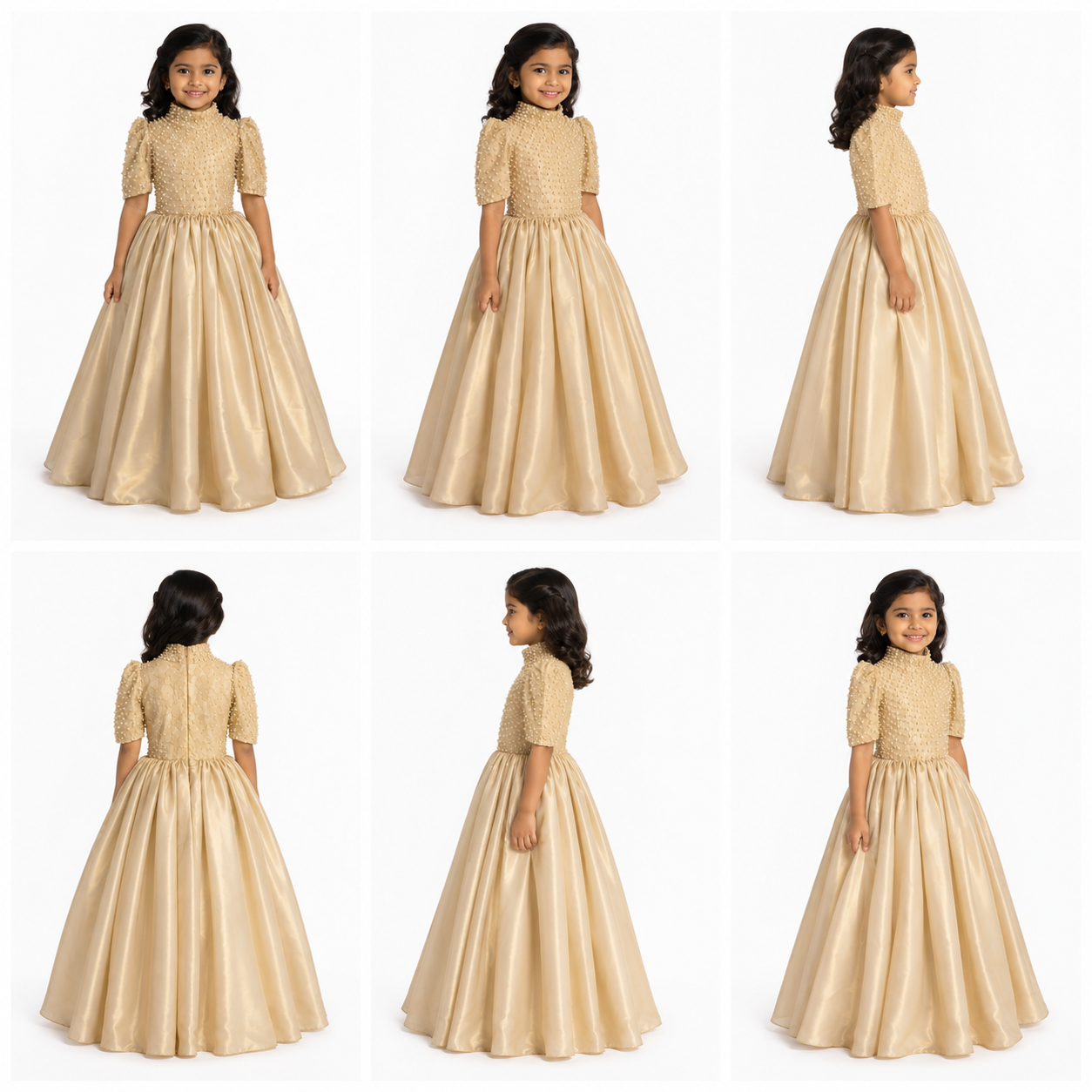 Gold satin floor-length ball gown for girls with pearl-embellished high-neck bodice — Fairy Frills handcrafted princess dress