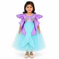 Purple and aqua mermaid-themed party dress for girls with ruffle sleeves, seashell embellishments and tulle tail skirt — Fairy Frills handcrafted princess dress