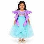 Purple and aqua mermaid-themed party dress for girls with ruffle sleeves, seashell embellishments and tulle tail skirt — Fairy Frills handcrafted princess dress