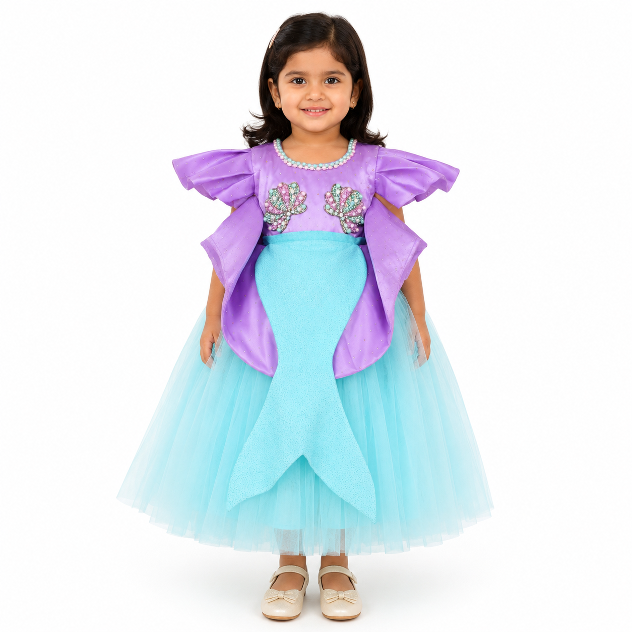 Purple and aqua mermaid-themed party dress for girls with ruffle sleeves, seashell embellishments and tulle tail skirt — Fairy Frills handcrafted princess dress