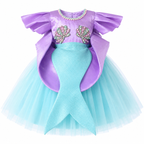 Purple and aqua mermaid-themed party dress for girls with ruffle sleeves, seashell embellishments and tulle tail skirt — Fairy Frills handcrafted princess dress